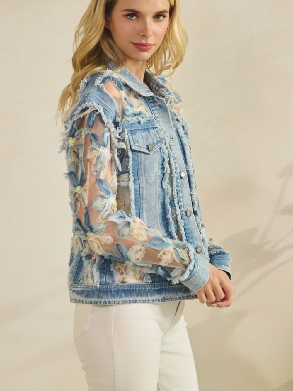 Western Floral Lace Appliqué Semi Sheer Button Down Frayed Jacket - Picture 8 of 13
